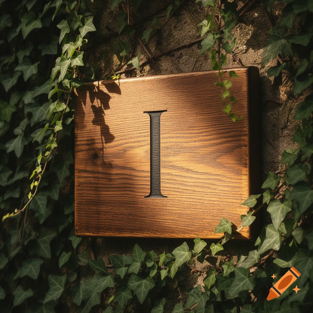 A rustic wooden plaque with a carved black letter 'I' is covered in lush green ivy, against a stone wall.