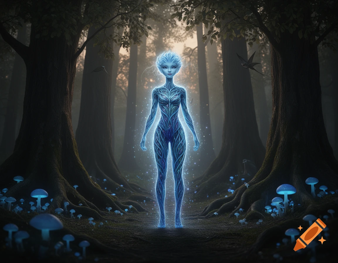 Ethereal glowing blue humanoid figure with intricate patterns stands in a dark, mystical forest surrounded by bioluminescent blue mushrooms.