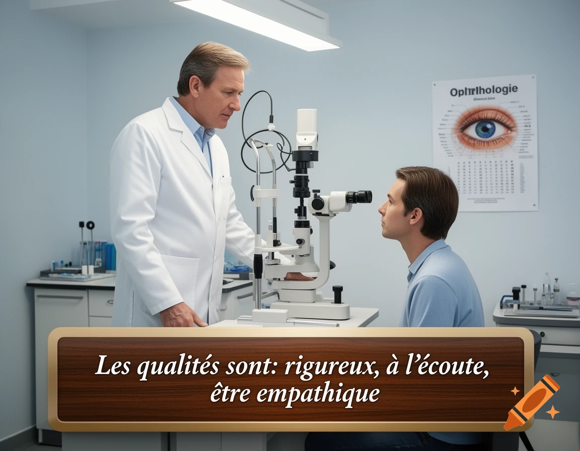 A doctor in a white coat examines a patient's eye with a slit lamp in an optometry office, with French text overlay.