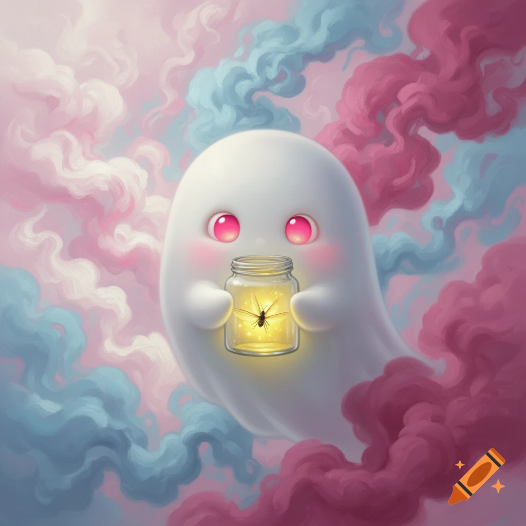 A cute, white cartoon ghost with pink eyes holds a jar with a glowing ...