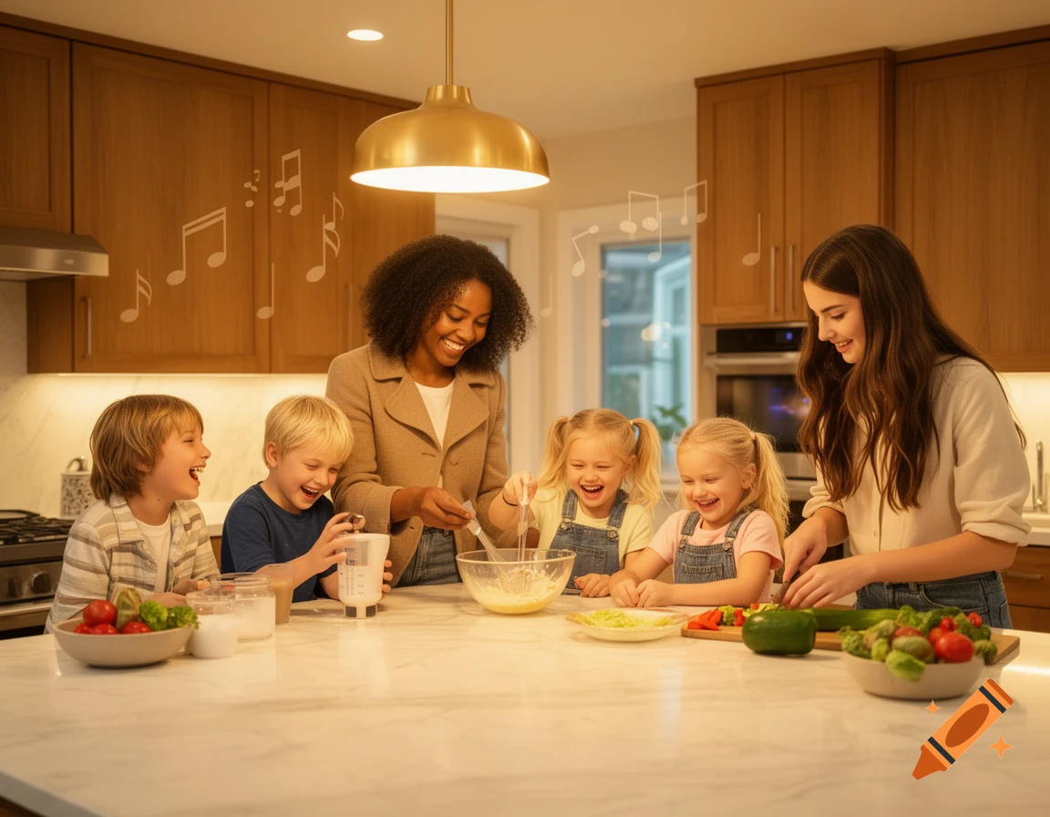 Adults and children laugh and cook together in a bright kitchen, with musical notes floating in the air.