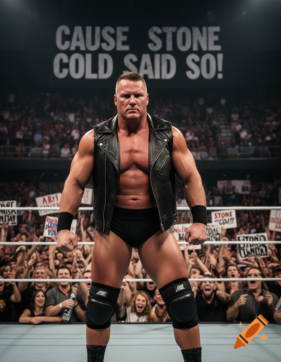 A muscular male wrestler in a black leather vest and trunks stands in a ring, a crowd cheers behind him, with a sign reading "CAUSE STONE COLD SAID SO!".