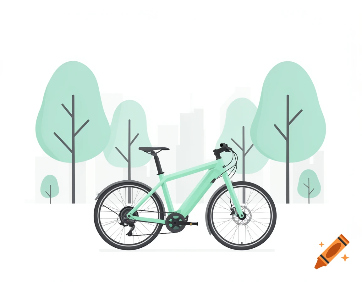 Mint green e-bike parked in a minimalist city park with stylized trees, flat vector illustration.