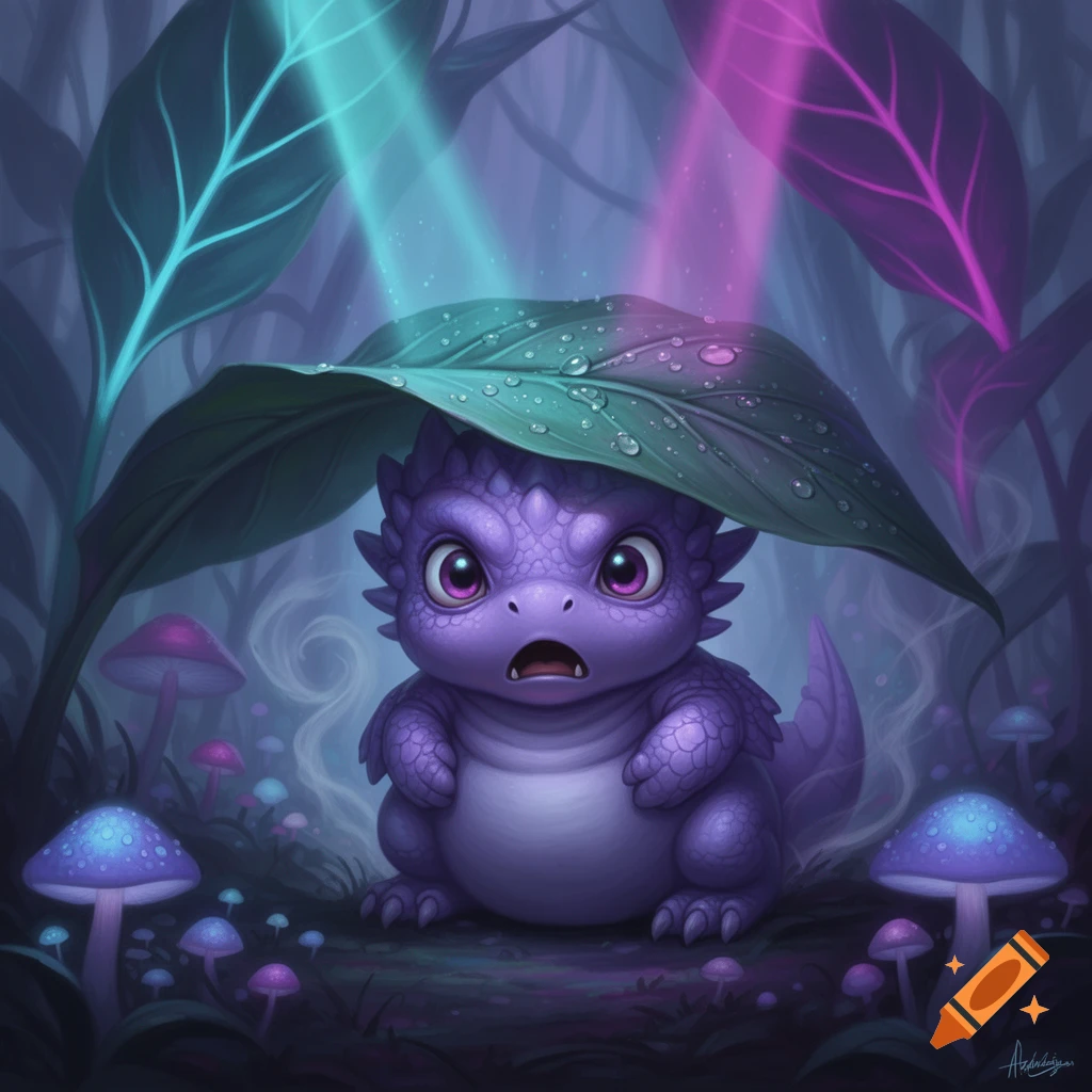 A cute purple dragon hatchling with big eyes hides under a leaf in a glowing, magical forest with purple mushrooms, looking surprised.