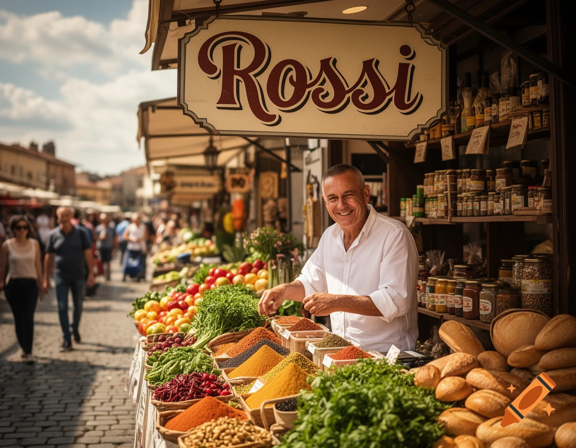 A smiling vendor in a white shirt stands behind a market stall overflowing with colorful spices, vegetables, and bread under a sign reading "Rossi".