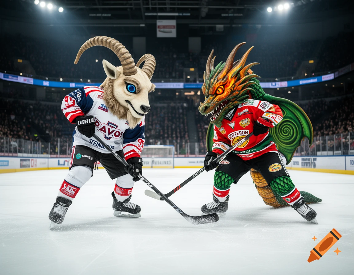 Two anthropomorphic hockey mascots, a goat and a dragon, face off on an ice rink in a crowded stadium.