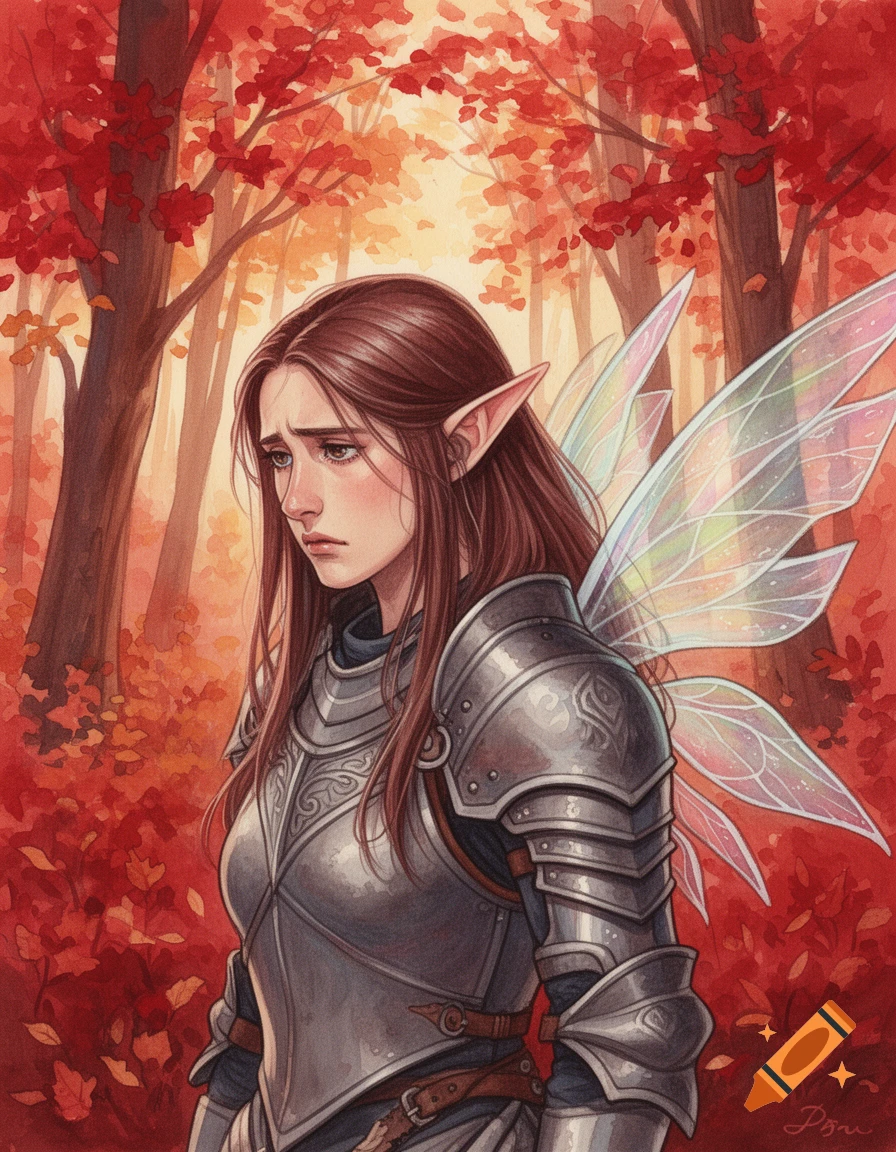 Gouache painting of a sad female elf knight with iridescent wings in an autumn forest.