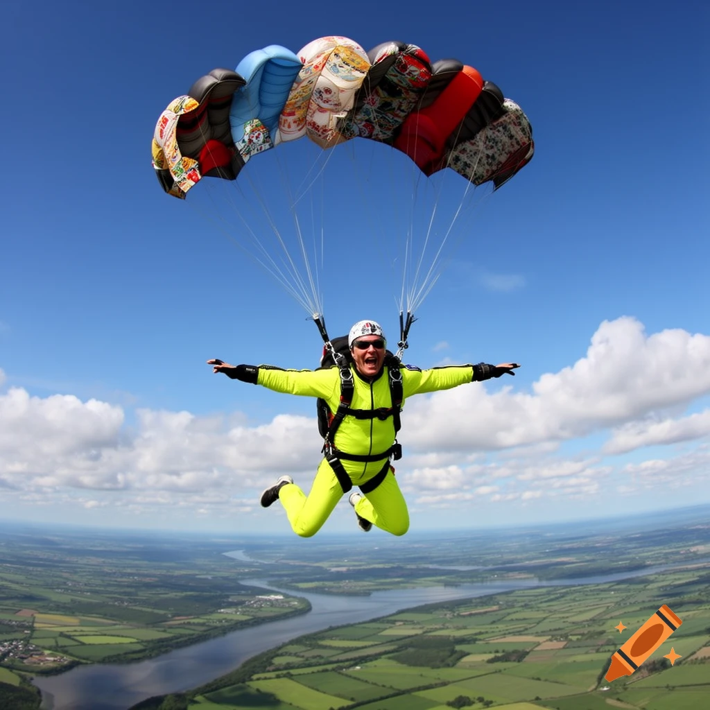 A man in a neon green suit skydiving with a colorful parachute above a scenic landscape of green fields and a winding river.