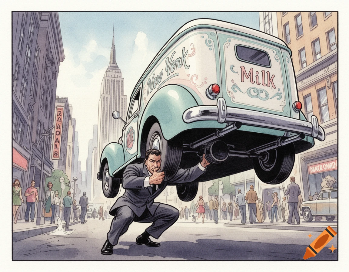 A strong man in a suit lifts the rear of a vintage milk truck on a New York City street, in comic book watercolor style.