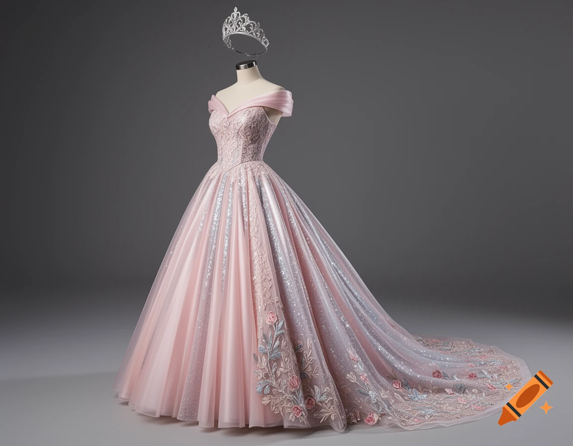 A pink off-the-shoulder ball gown with glitter, lace, and floral embroidery, displayed on a mannequin with a silver crown.