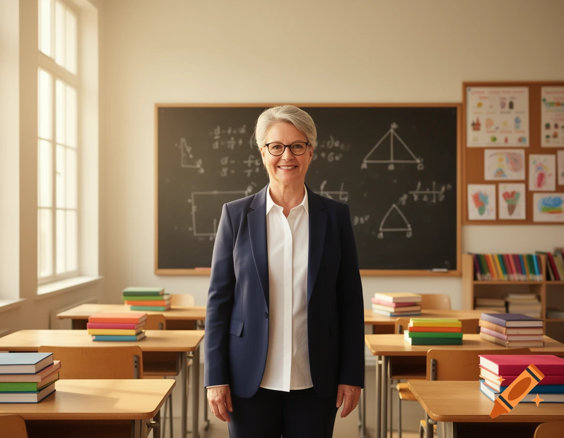 A smiling female teacher stands in front of a chalkboard in a sunlit classroom filled with desks and books.