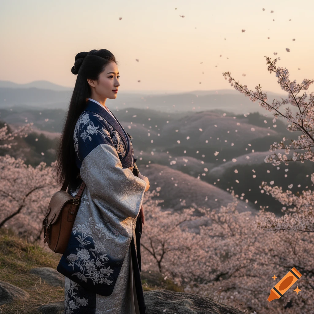 A woman in traditional Japanese attire stands on a hill overlooking a valley of cherry blossoms at sunset, with petals falling.