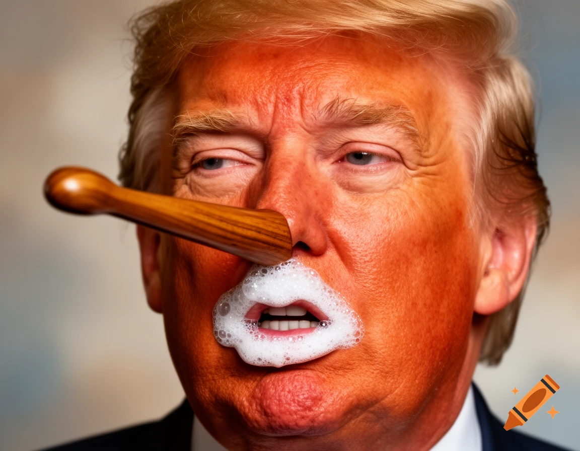 A man resembling Donald Trump with very orange skin, a wooden Pinocchio nose, and white foam around his mouth.