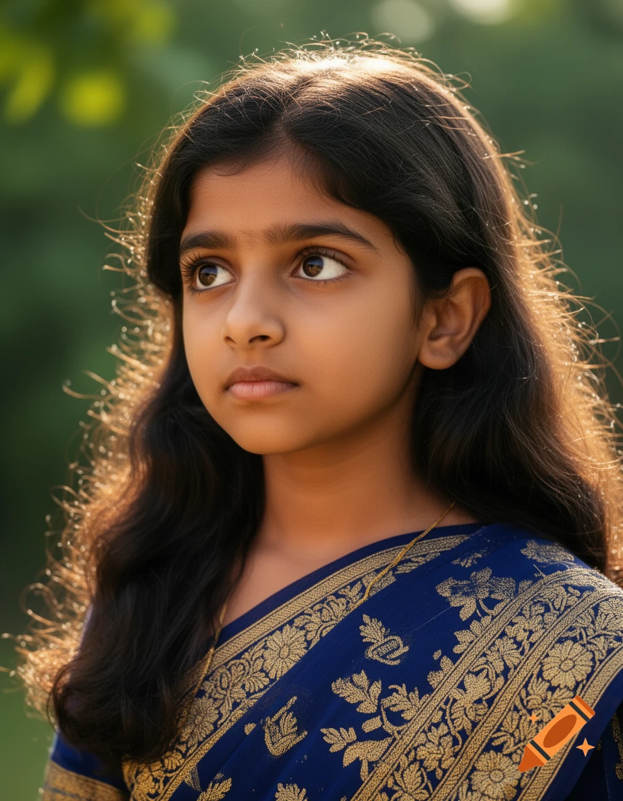 Close-up portrait of a young Indian girl with long dark hair, wearing a blue and gold traditional saree, looking upward in a soft outdoor light.