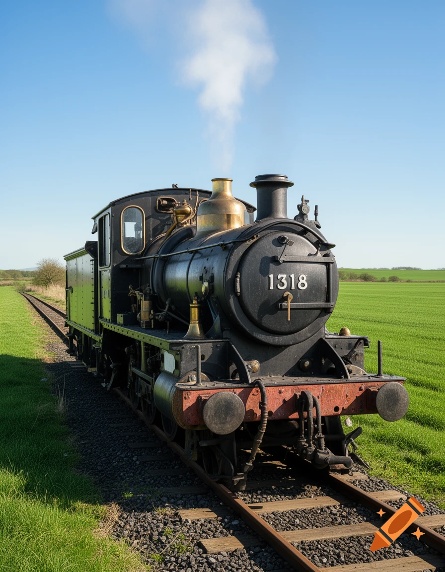 A black steam train, number 1318, on tracks in a green field under a blue sky, emitting smoke.