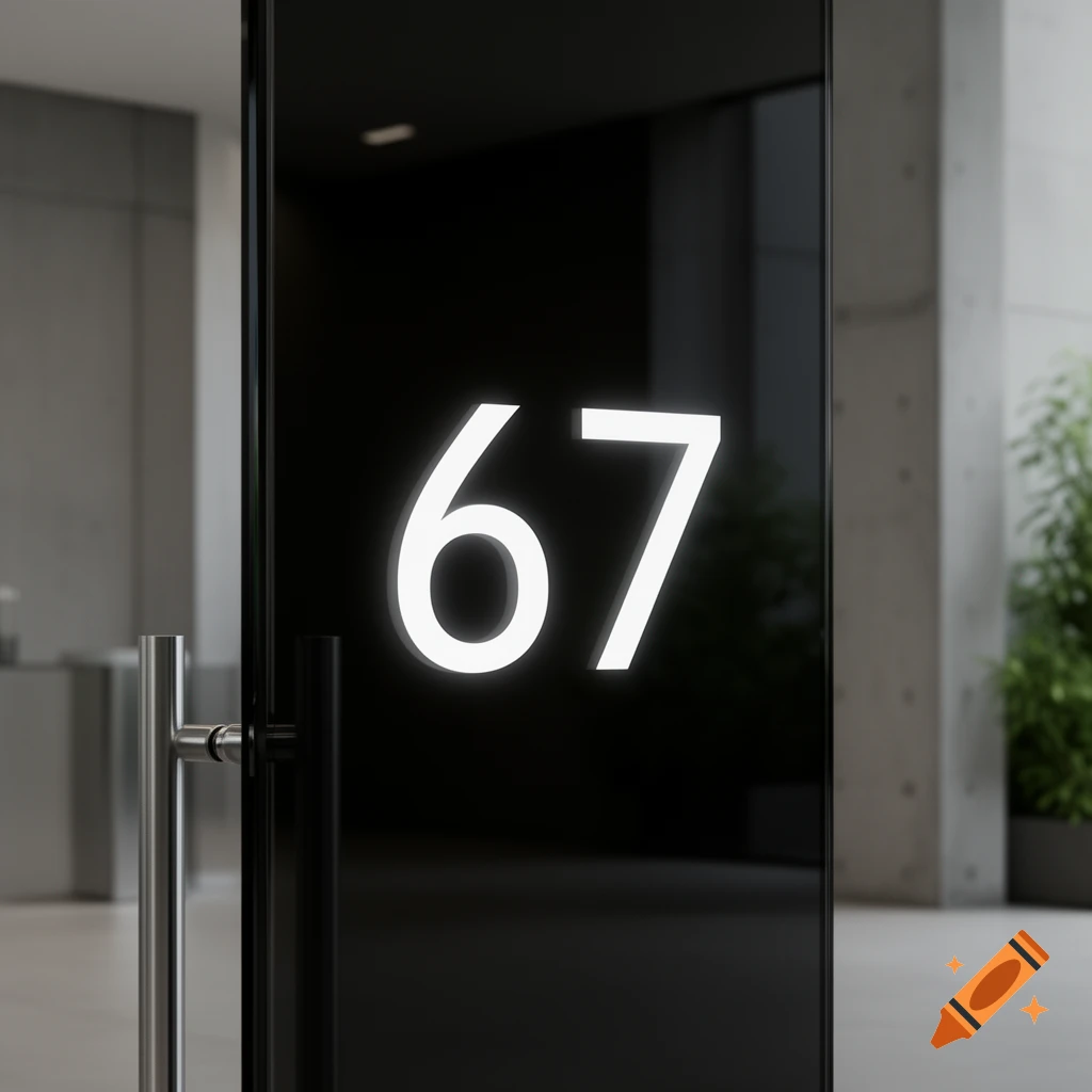 A modern black door with the glowing white numbers '67' on it, next to a stainless steel handle, in a building with blurred greenery.