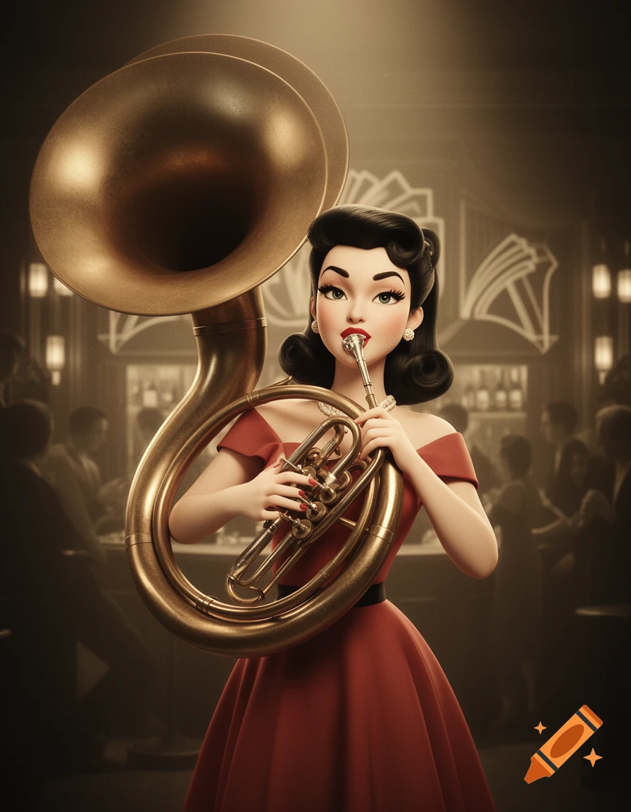 A stylized pin-up woman in a red off-the-shoulder dress plays a large brass sousaphone in a dimly lit jazz club.