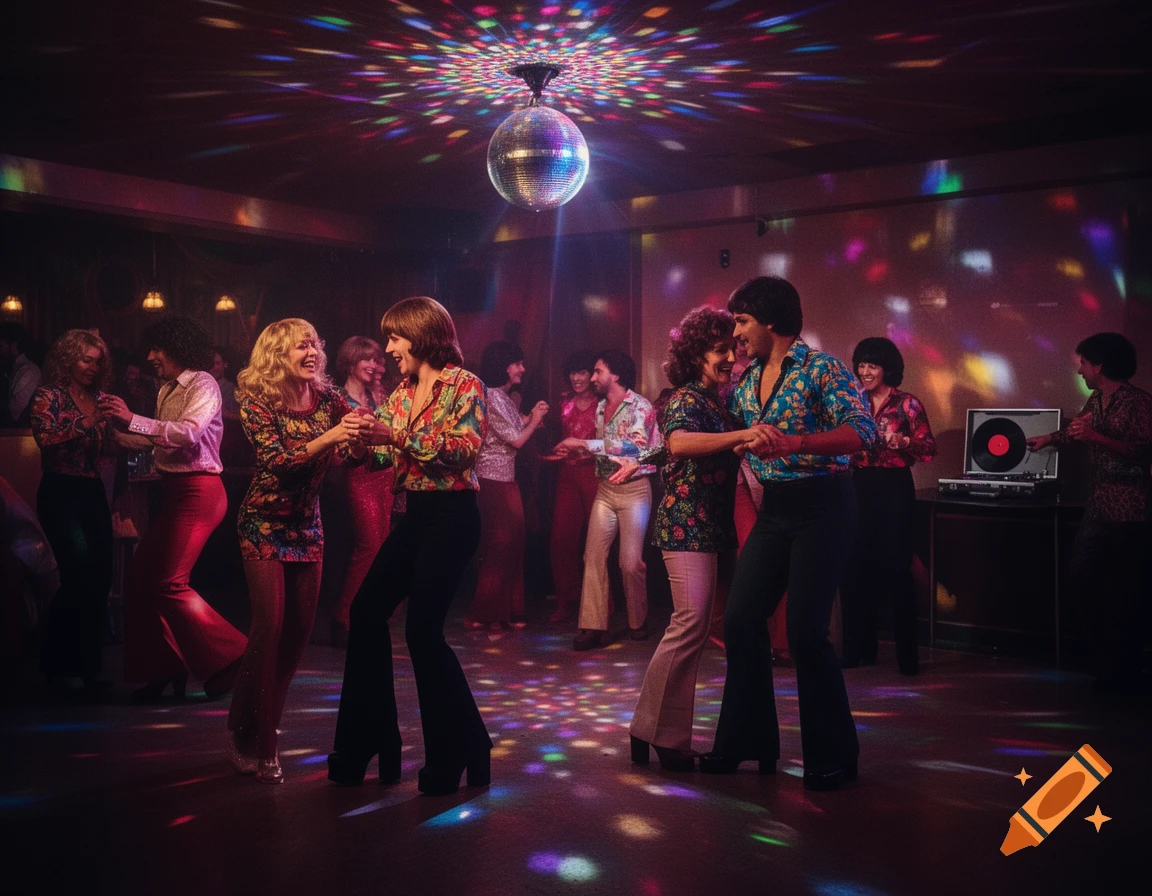 People dancing at a lively 70s disco, illuminated by a sparkling disco ball and colorful lights.