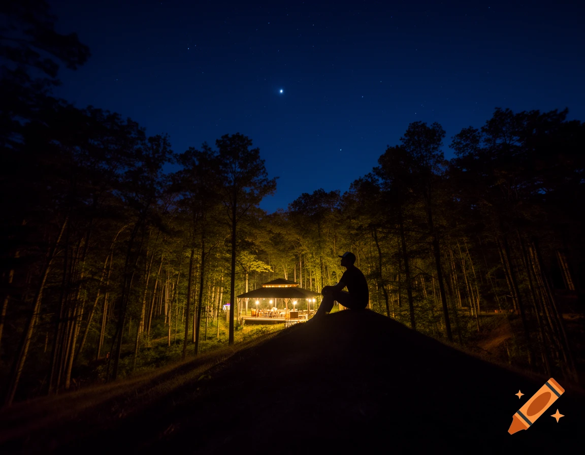 A silhouette of a man in a baseball cap sits on a dark hill at night, looking at a lighted pavilion in the woods under a starry sky.