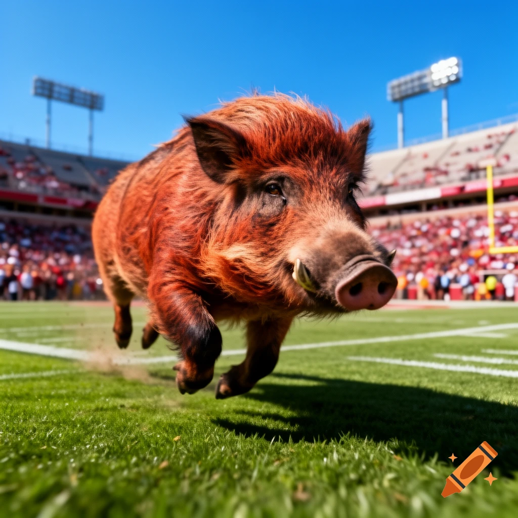 A photorealistic wild boar runs across a football field with stadium stands in the background under a blue sky.