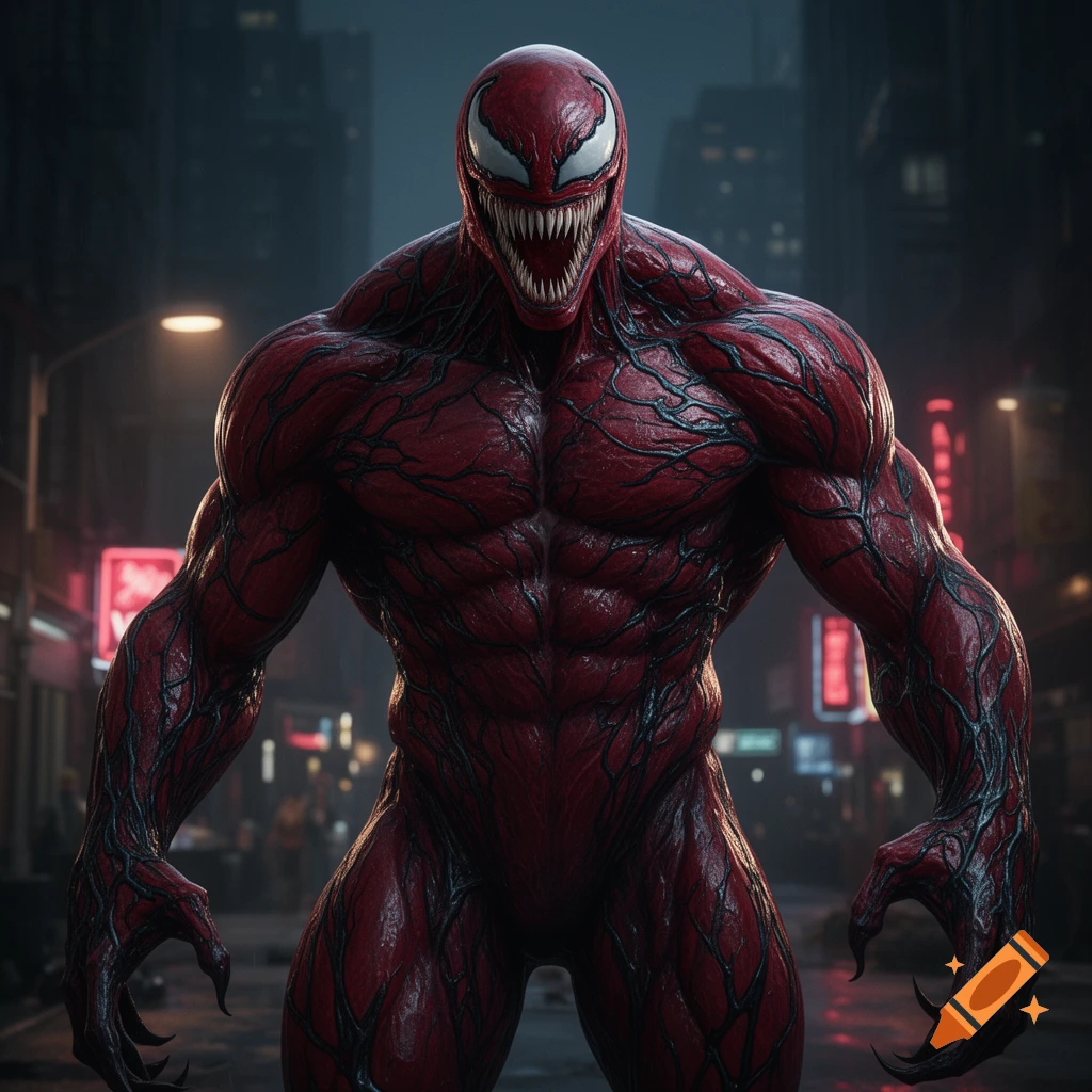 A muscular, red and black symbiote supervillain with sharp teeth and claws stands in a dark city street at night.