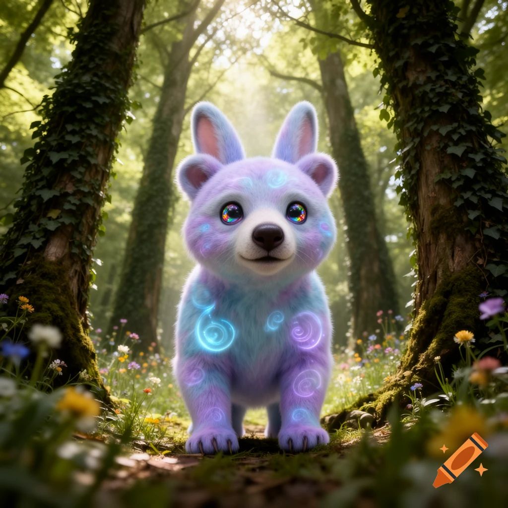 A fluffy, pastel blue and purple bear-like creature with bunny ears and glowing spirals stands in a sunlit forest.