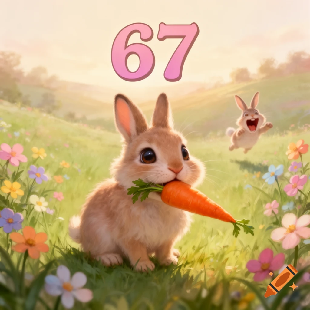 A cute rabbit holds a carrot in a sunny, flowery field, with a second rabbit yelling in the background and the number 67 floating above.