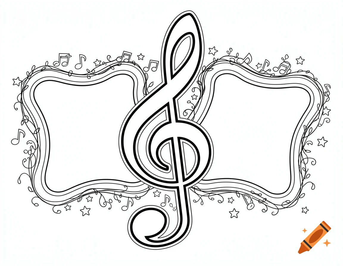 A clean black and white outline of a large treble clef flanked by two wavy frames, adorned with swirling vines, music notes, and stars, designed as a children's coloring page.
