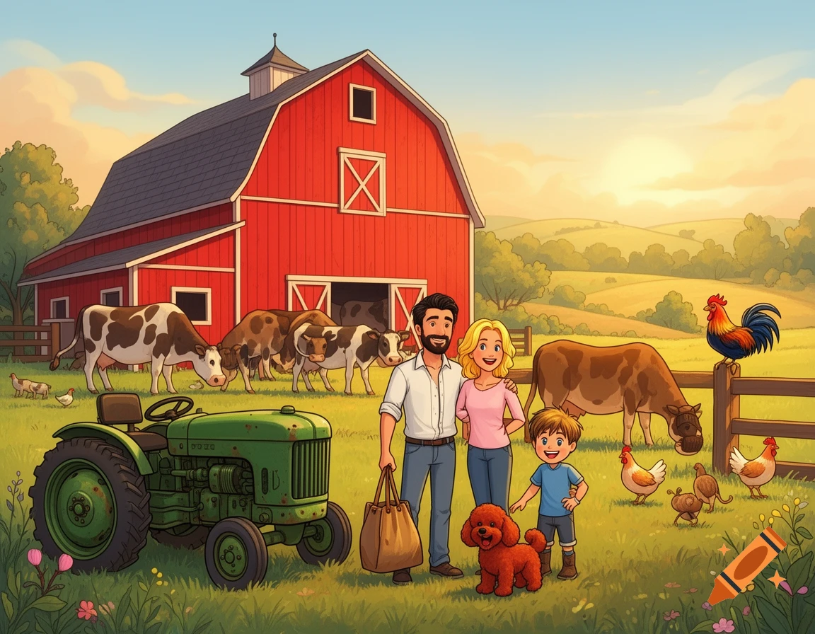 Illustrated scene of a family, with a man, woman, boy, and red dog, on a farm with a red barn, cows, chickens, and a green tractor at sunset.
