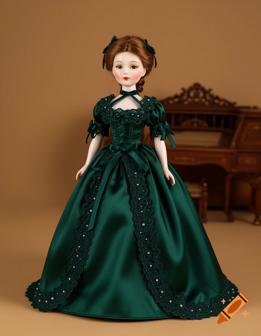 A porcelain doll in an elaborate dark green historical-style dress stands against a brown background.