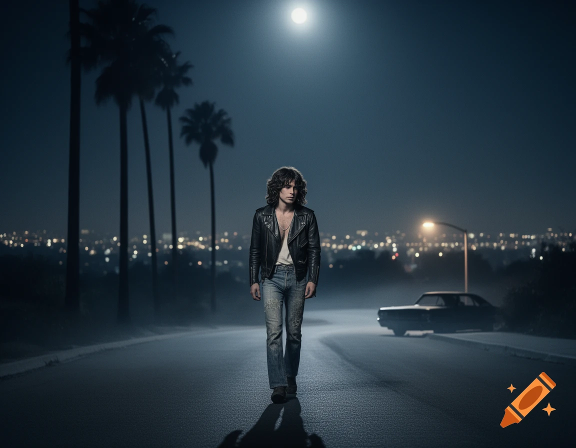 A man with long hair in a leather jacket walks on a dark, moonlit road at night, with palm trees, a city skyline, and a vintage car.