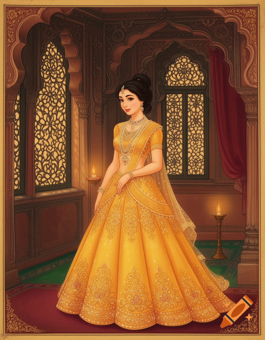 An Indian princess in a yellow embroidered lehenga and jewelry stands in an ornate palace, painted in an ancient Indian style.