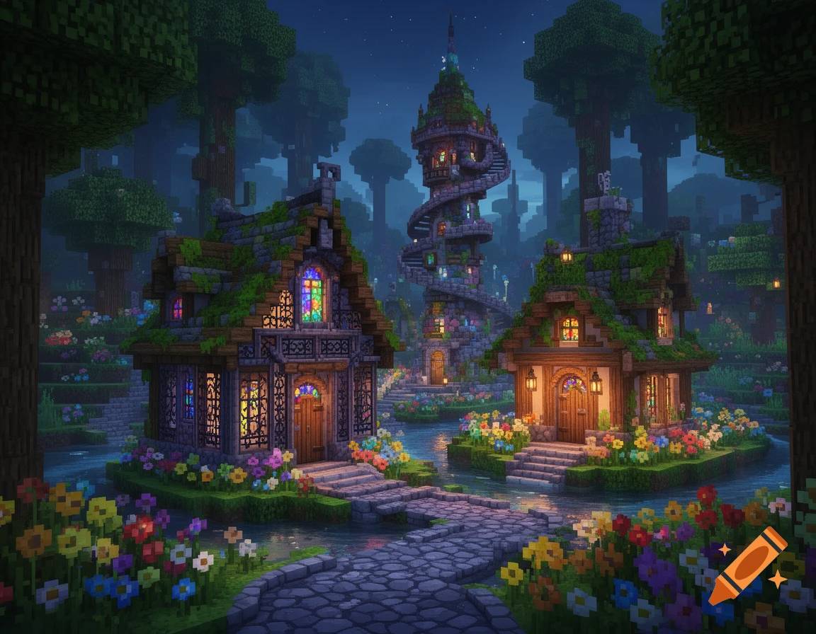 A pixelated fantasy village at night, featuring two moss-covered houses, a tall spiral tower, a winding river, and vibrant flowers, all in a Minecraft style.