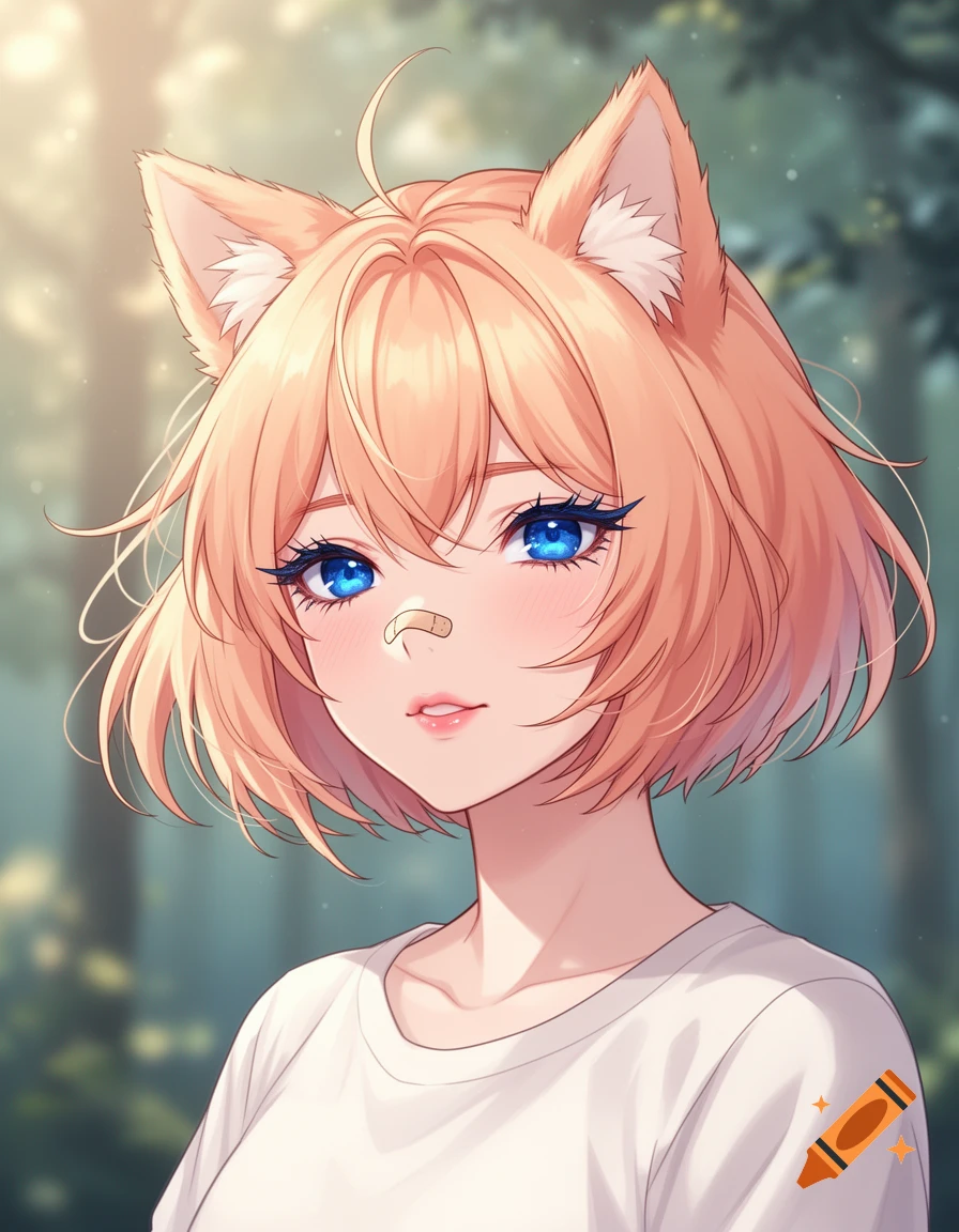 Anime girl with short strawberry blonde hair, blue eyes, a band-aid on her nose, and animal ears, in a forest.