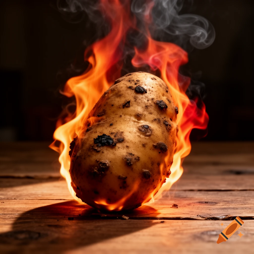 A close-up, photorealistic image of a potato engulfed in bright orange and red flames, with smoke rising, on a wooden surface.