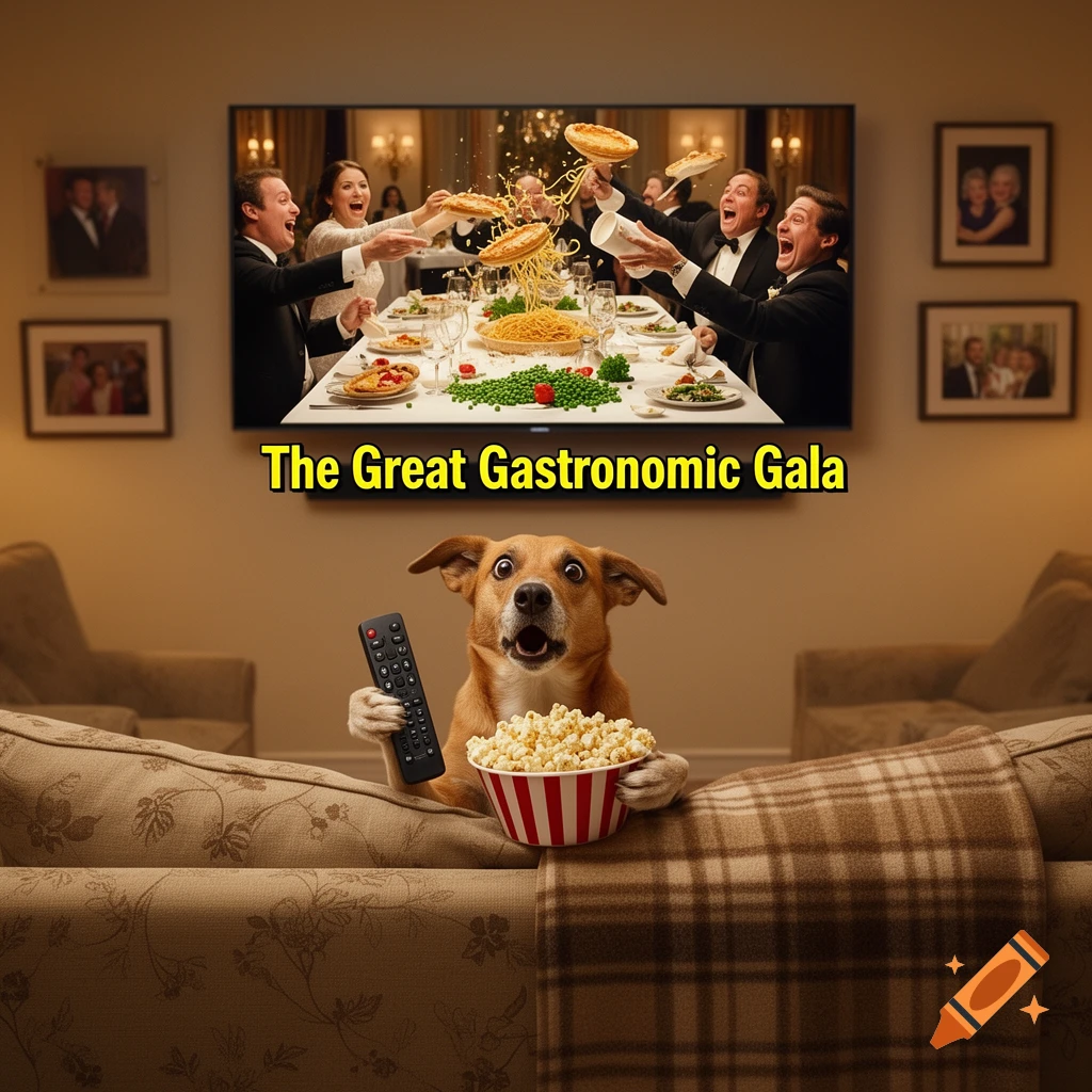 A surprised dog sits on a couch, holding a TV remote and a bowl of popcorn, watching a chaotic party with flying food on the TV screen with text "The Great Gastronomic Gala".