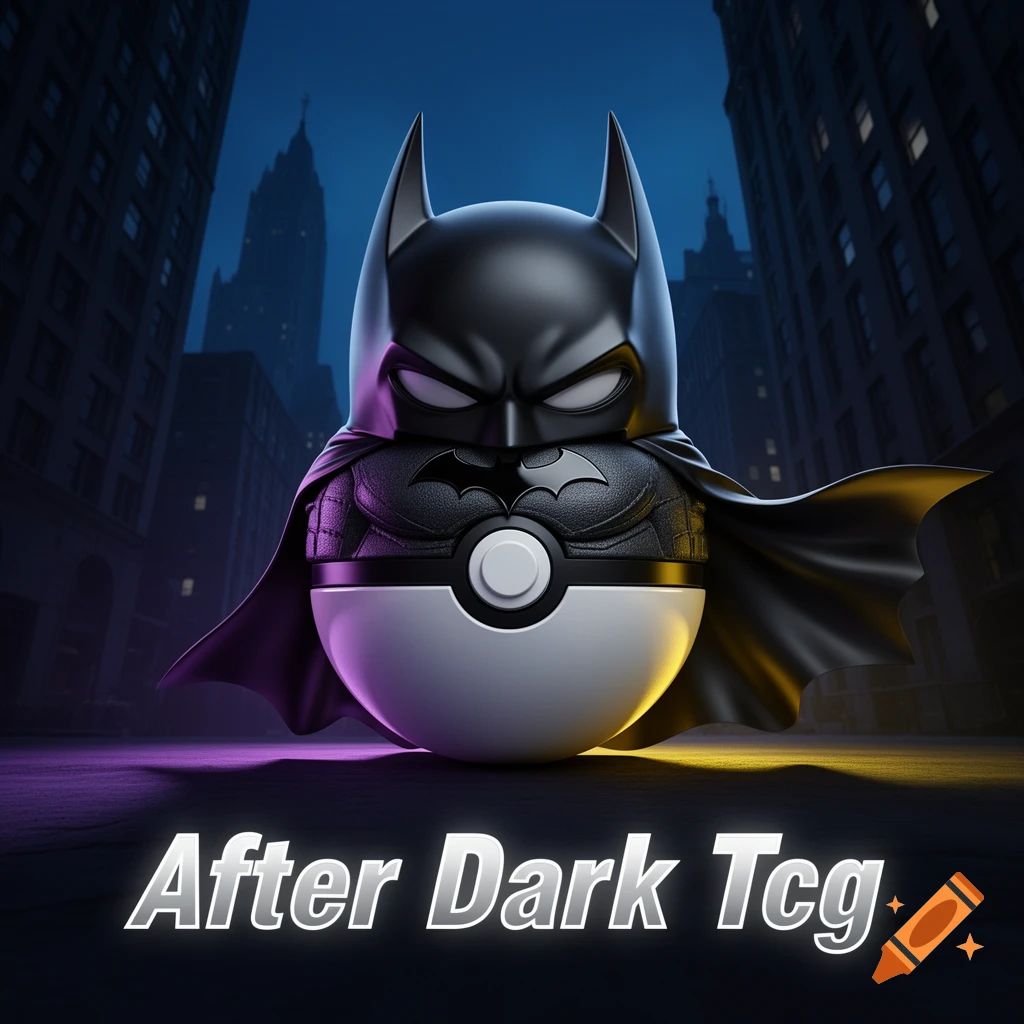 A stylized black Batman-themed Pokeball with a cape, glowing purple and yellow, stands in a dark city street with text 'After Dark Tcg'.
