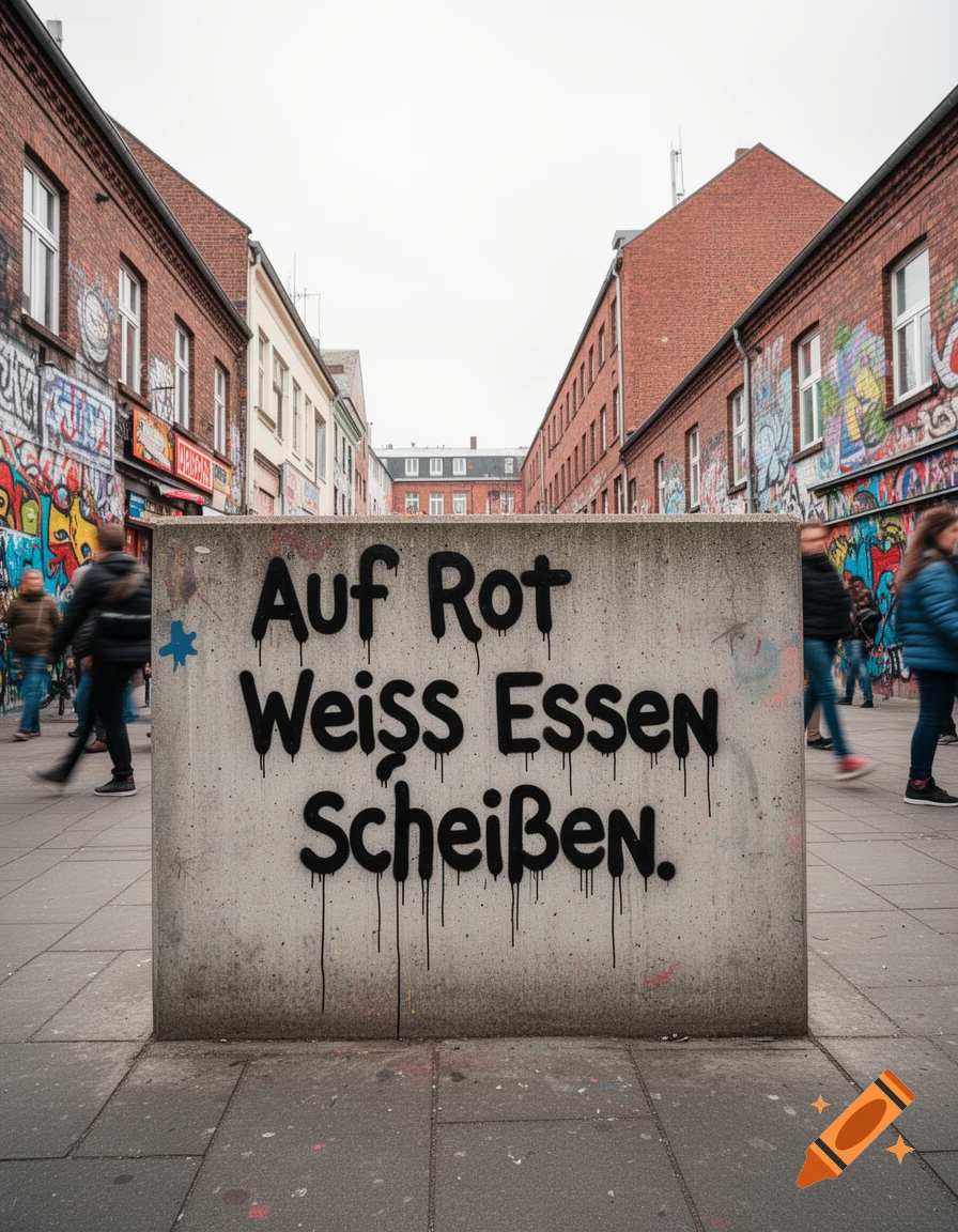 Photorealistic image of graffiti on a concrete block in an urban alleyway, with brick buildings and blurred pedestrians in the background.