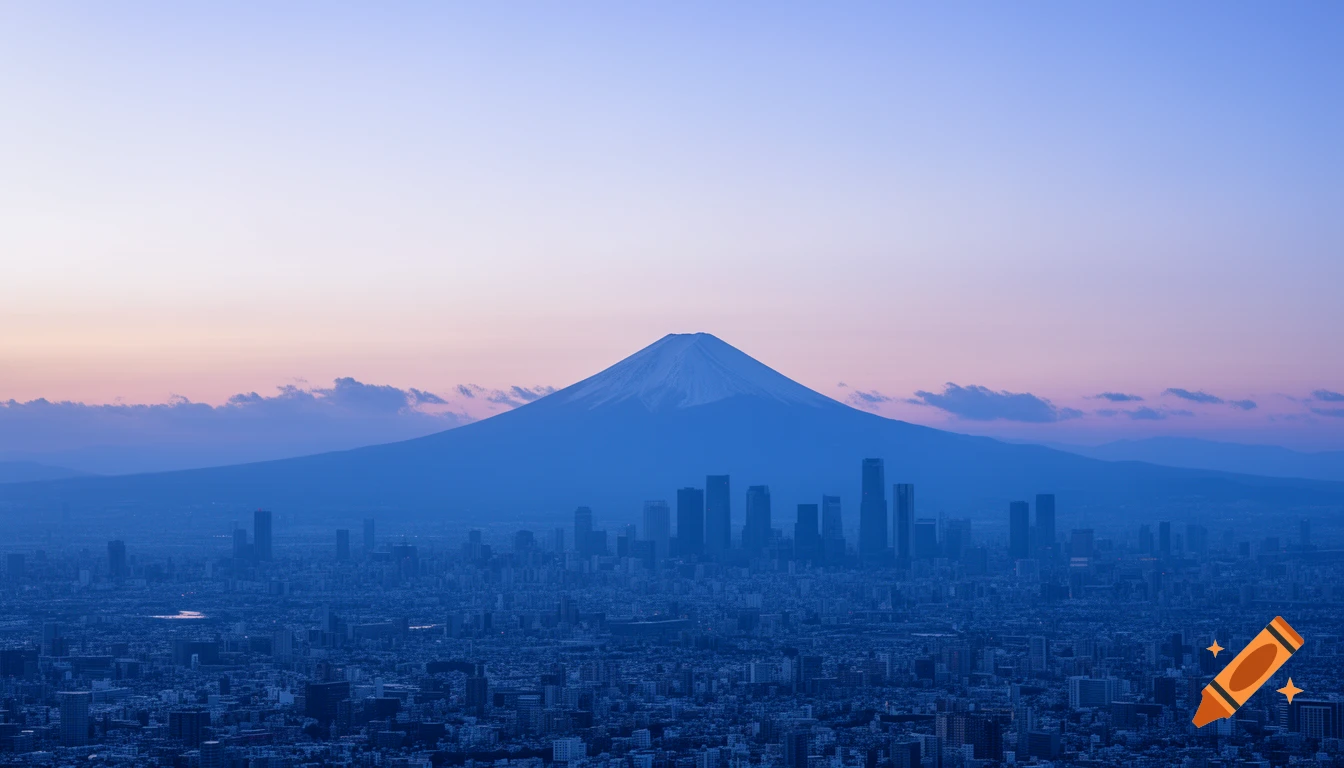 Mount Fuji with snow-capped peak rises majestically above the sprawling Tokyo skyline, bathed in the soft blue and purple hues of dawn or dusk.
