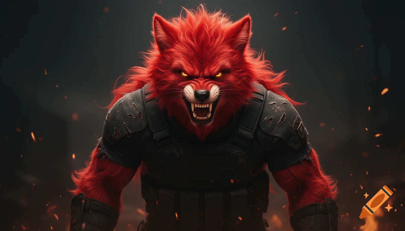 An aggressive red-furred anthro wolf with glowing amber eyes and bared teeth, wearing damaged tactical gear, stands against a dark background with fire sparks.