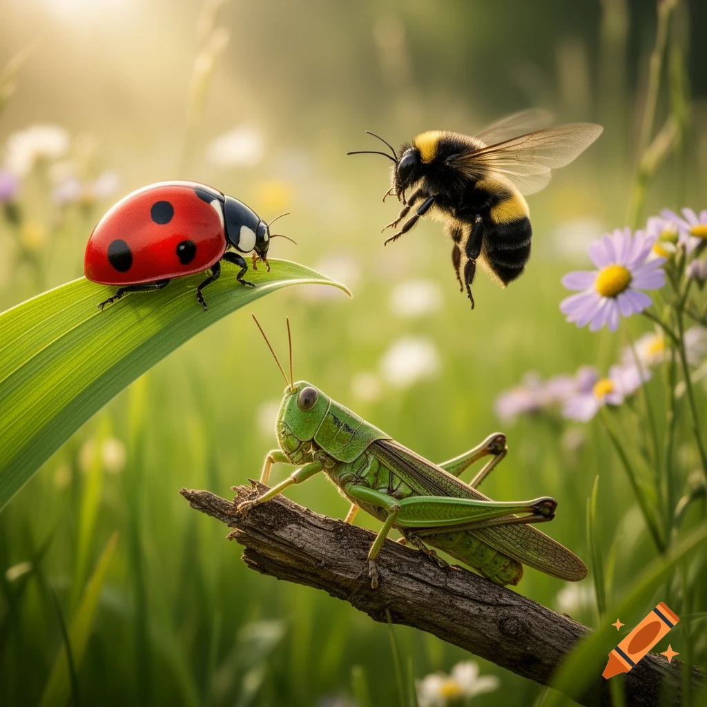 A photorealistic close-up of a ladybug on a leaf, a grasshopper on a branch, and a bumblebee flying in a sunny meadow.