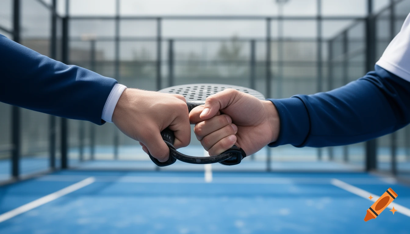 Close-up of two players' hands, one in a suit and one in sportswear, holding a paddle handle on a blue padel court.