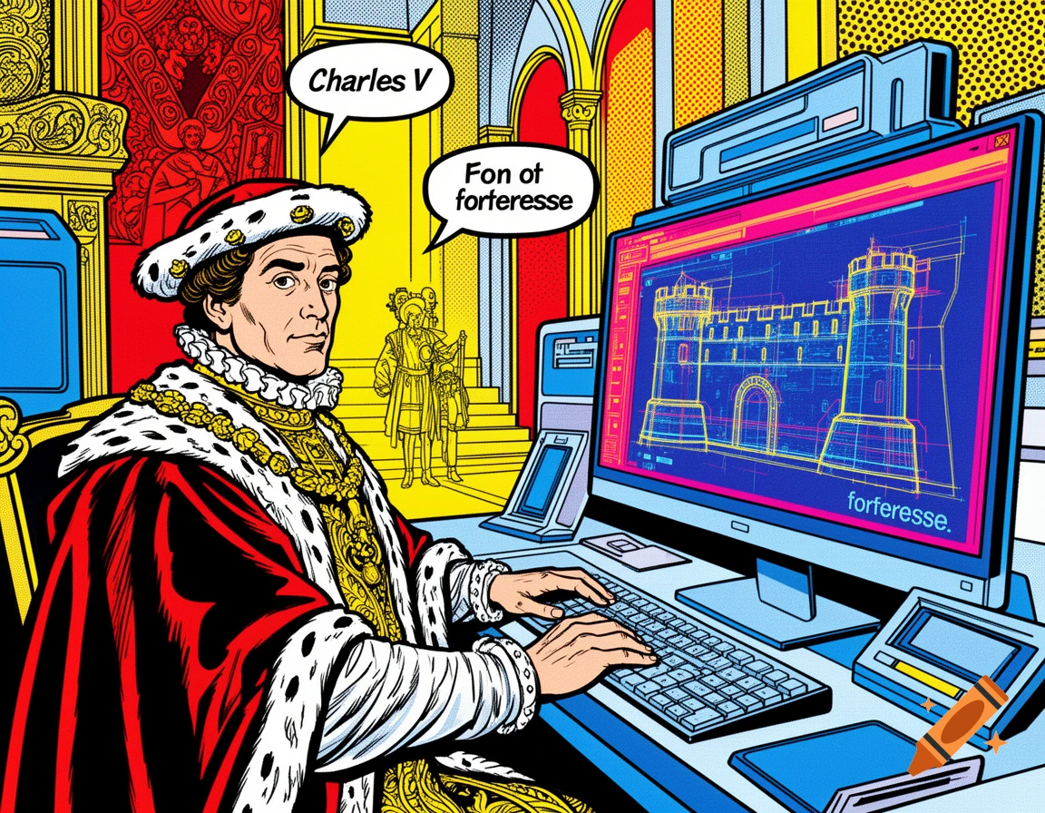 Pop art illustration of Charles V in regal attire, sitting at a computer and typing, with a blueprint of a fortress displayed on the monitor. Speech bubbles above him contain text.