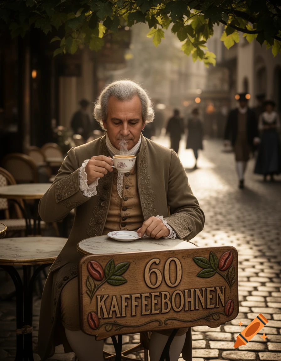 A man in 18th-century attire sips coffee at an outdoor cafe with a "60 Kaffeebohnen" sign in a bustling historical street.