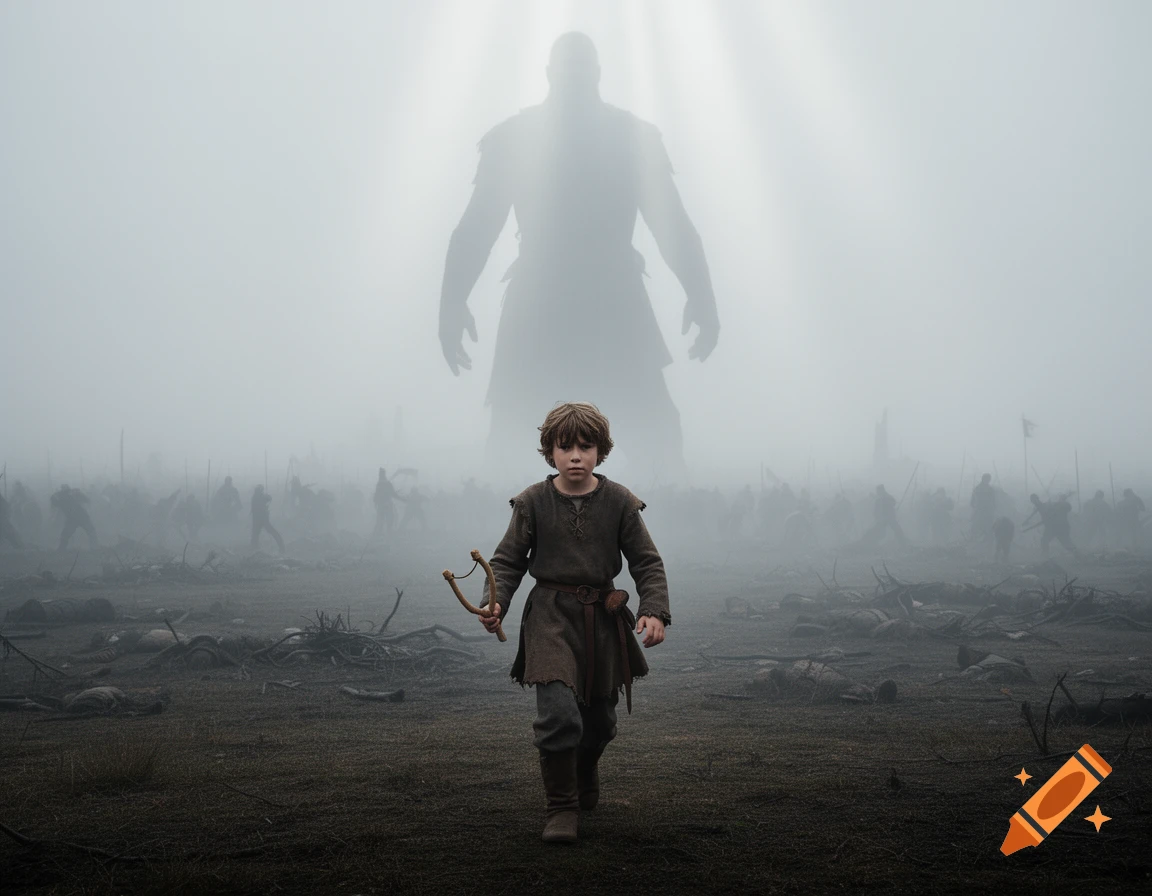 A young boy with a slingshot walks across a misty battlefield filled with fallen figures, a massive silhouette of a giant looming behind him.