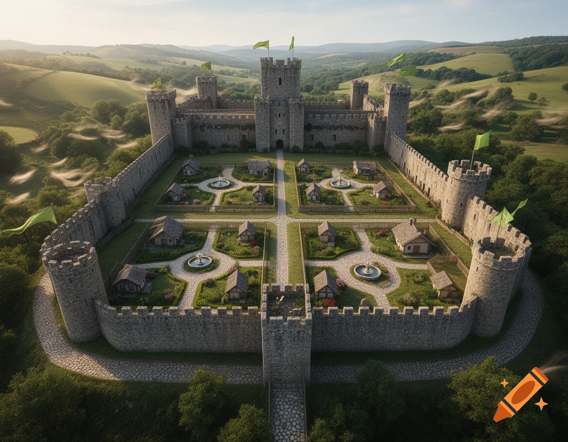 Aerial view of a grand medieval stone fortress with four sections, each ...