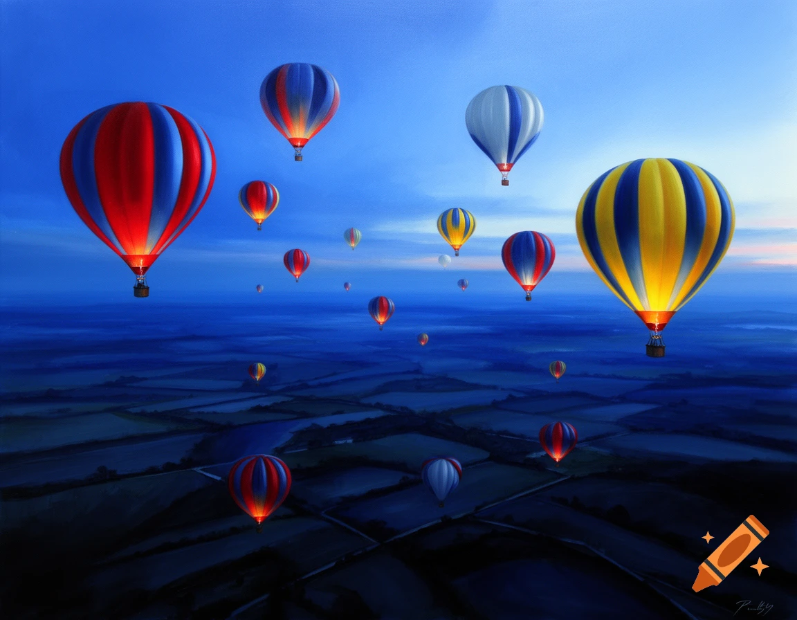 A painting of numerous colorful hot air balloons floating across a dark, patterned landscape under a blue twilight sky.