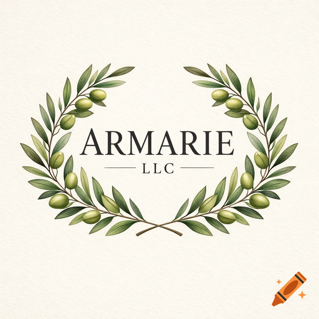 Watercolor logo with 'ARMARIE LLC' text surrounded by green olive branches and fruit.