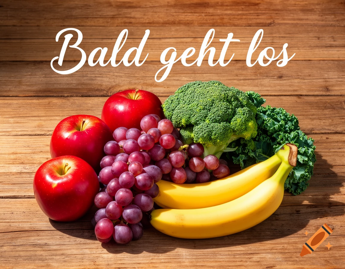 Red apples, purple grapes, broccoli, kale, and bananas on a wooden table with 'Bald geht los' text.