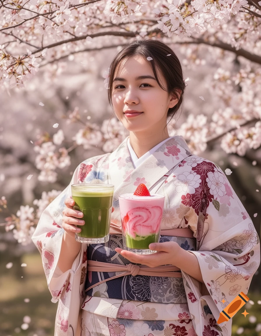Young woman in a yukata holding two matcha lattes under cherry blossoms.